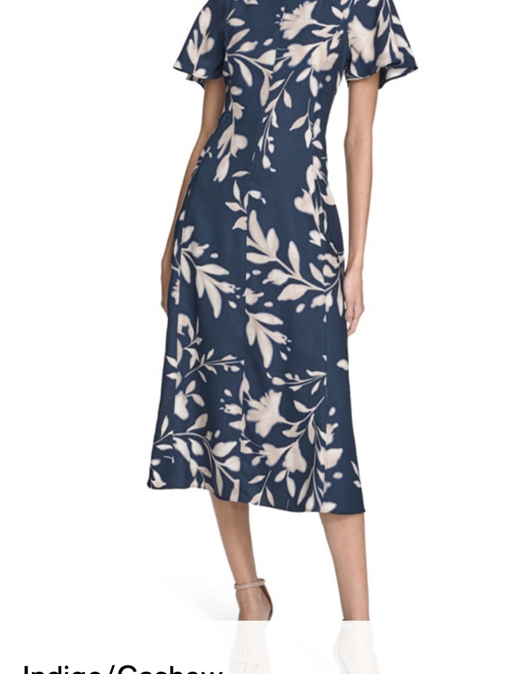 Navy Floral Midi Dress with Flutter Sleeves